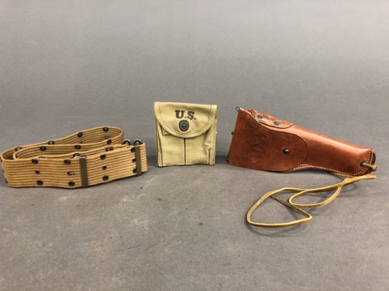 WW2 U.S. M1911 pistol holster, magazine pouch, and M1936 webbing belt