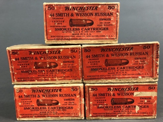 Five vintage boxes of Winchester 44 S&W Russian