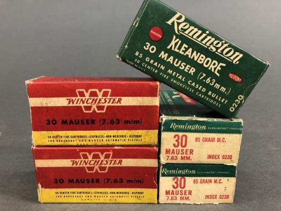Five boxes of Winchester/Remington 30 (7.63) Mauser - 85gr FMJ