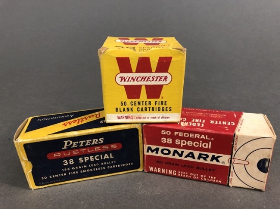 Three vintage boxes of 38 special - Peters, Monark and Winchester