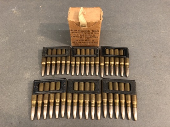 54 rounds of surplus 7.35 Carcano on clips with one box