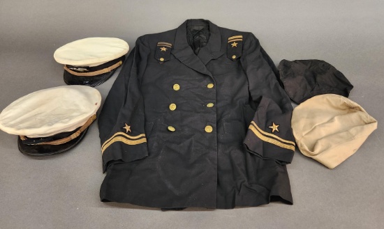 WWII U.S.N. officer visor caps and coat