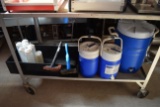 lot of mixed liquid containers, cleaning brushes