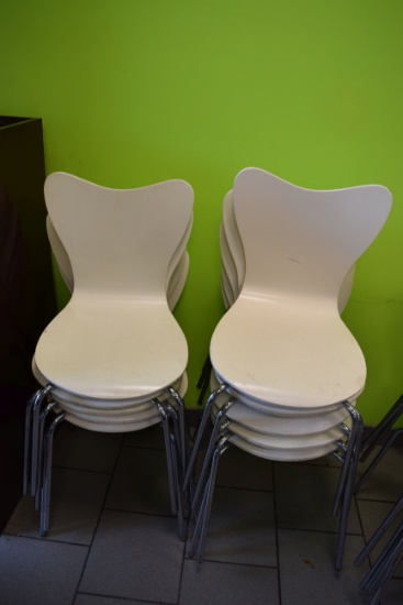 lot of 10 white poly chairs with metal frame