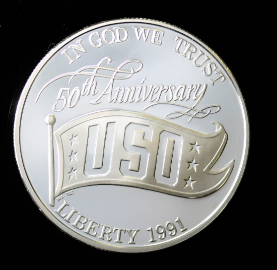 1991 USA SILVER COMMEMORATIVE DOLLAR PROOF (USO) W/ CAPSULE