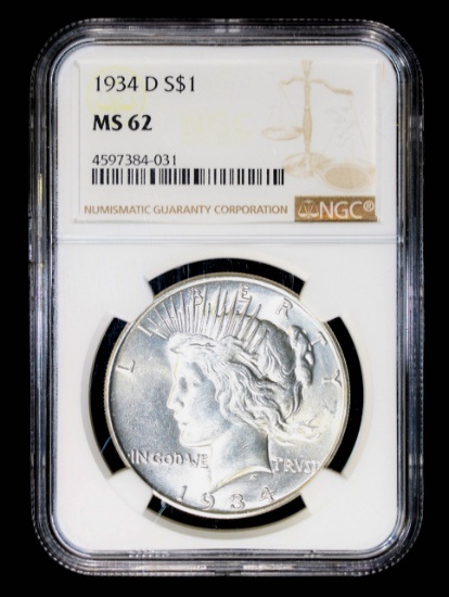 1934 D SILVER PEACE DOLLAR COIN GRADE NGC MS62