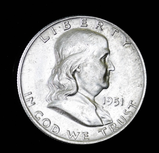 1951 D FRANKLIN SILVER HALF DOLLAR COIN GEM BU UNC MS+++