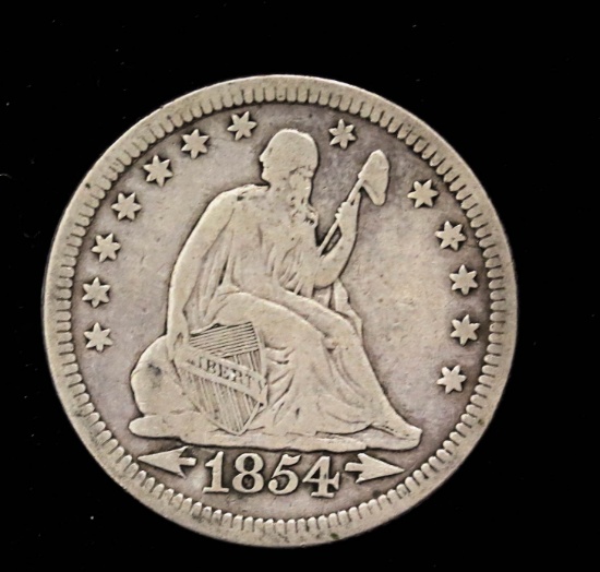 1854 SEATED LIBERTY SILVER QUARTER DOLLAR COIN **ARROWS**