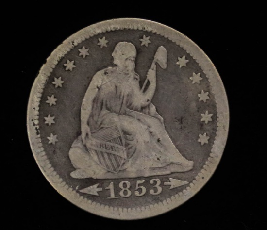 1853 ARROWS SEATED LIBERTY SILVER QUARTER DOLLAR COIN