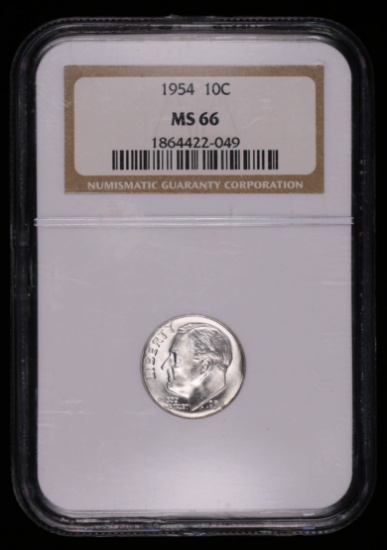 1954 ROOSEVELT SILVER DIME COIN NGC MS66