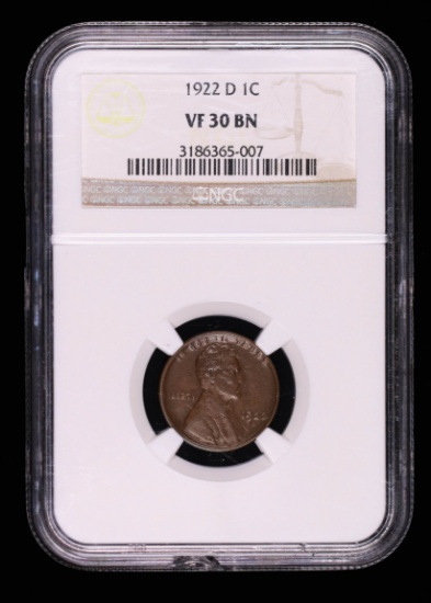 1922 D WHEAT LINCOLN CENT PENNY COIN NGC VF30 BN