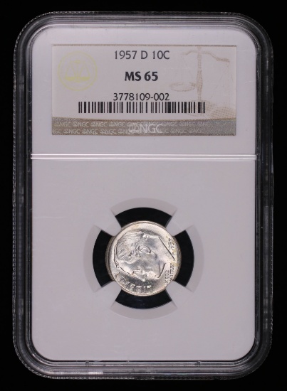 1957 D ROOSEVELT SILVER DIME COIN NGC MS65