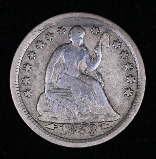 1853 SEATED SILVER HALF DIME COIN