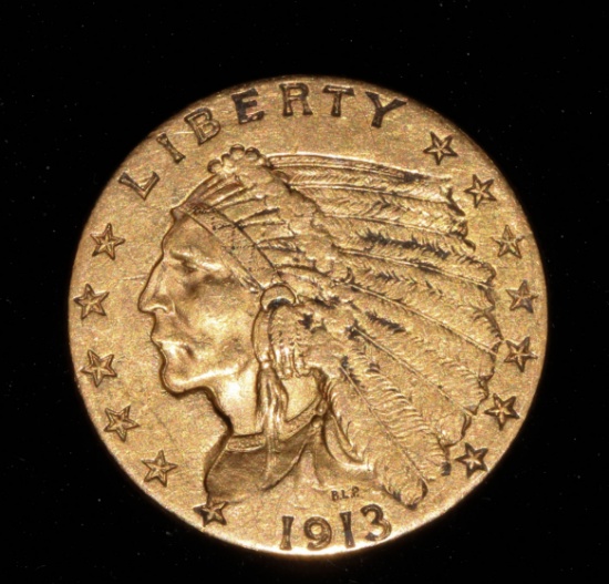 1913 $2.50 INDIAN HEAD GOLD COIN