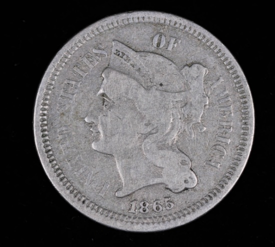 1865 THREE CENT US COPPER NICKEL PIECE COIN