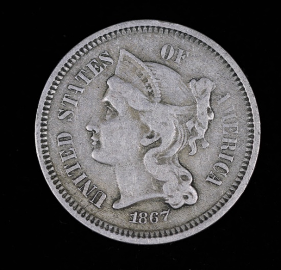 1867 THREE CENT US COPPER NICKEL PIECE COIN