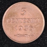 1936 SAN MARINO 5 CENTESIMI COPPER COIN GEM RED BU