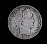 1913 S BARBER SILVER HALF DOLLAR COIN