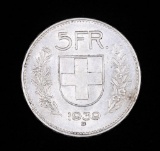 1939 SWITZERLAND 5 FRANCS SILVER COIN .4024 ASW