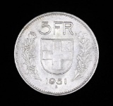 1951 B SWITZERLAND 5 FRANCS SILVER COIN .4027 ASW