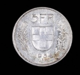 1954 SWITZERLAND 5 FRANCS SILVER COIN .4027 ASW