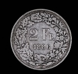 1886 SWITZERLAND 2 FRANCS SILVER COIN .2685 ASW