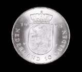 1973 NETHERLANDS 25TH ANNIVERSARY 10 GULDEN SILVER COIN UNCIRCULATED .5787 ASW