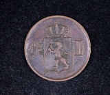 1877 NORWAY 2 ORE BRONZE COIN