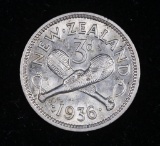 1936 NEW ZEALAND 3 PENCE SILVER COIN .0227 ASW