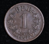 1876 NORWAY 1 ORE BRONZE COIN