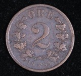 1884 NORWAY 2 ORE BRONZE COIN