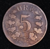 1878 NORWAY 5 ORE BRONZE COIN