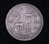 1899 SWEDEN 25 ORE SILVER COIN .0467 ASW