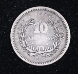 1877 URUGUAY 10 CENTESIMOS SILVER COIN .0723 ASW