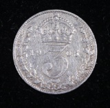 1905 GREAT BRITAIN... 3 PENCE SILVER COIN .042 ASW