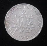 1917 FRANCE 2 FRANCS SILVER COIN .2684 ASW