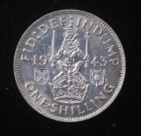 1943 GREAT BRITAIN SHILLING SILVER COIN .0909 ASW