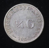 1956 NETHERLANDS ANTILLES 1/4 GULDEN SILVER COIN .0736 ASW