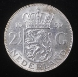 1959 NETHERLANDS 2-1/2 GULDEN SILVER COIN .3472 ASW