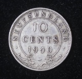 1940 NEWFOUNDLAND CANADA 10 CENTS SILVER COIN .0701 ASW **LOW MINTAGE**