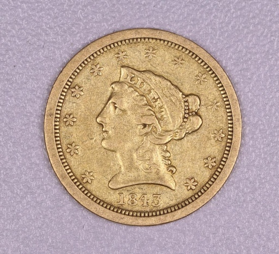 1843 O $2.50 GOLD LIBERTY US COIN **SMALL DATE**