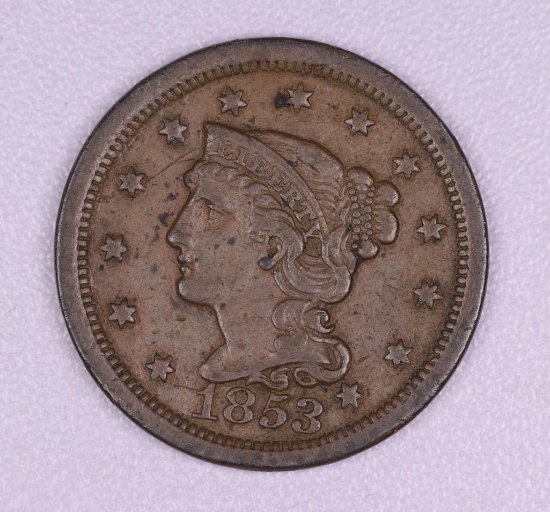 1853 BRAIDED HAIR COPPER LARGE CENT US COIN