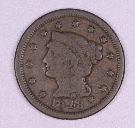 1848 BRAIDED HAIR COPPER LARGE CENT US COIN