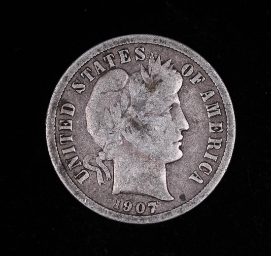 1907 D BARBER SILVER DIME COIN