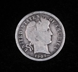 1907 S BARBER SILVER DIME COIN
