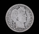 1907 BARBER SILVER QUARTER DOLLAR COIN