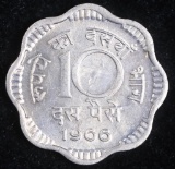 1966 INDIA REPUBLIC 10 PAISE UNC COPPER-NICKEL COIN
