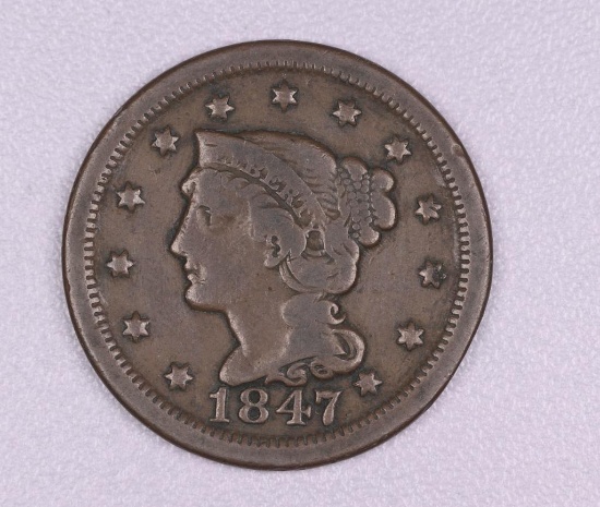 1847 BRAIDED HAIR LARGE CENT US COIN