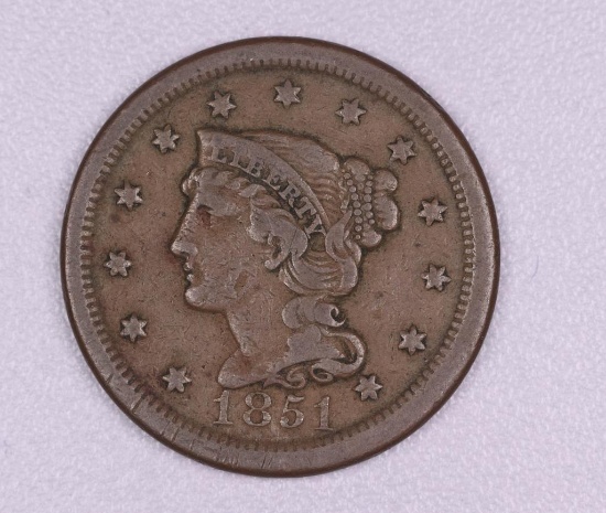1851 BRAIDED HAIR LARGE CENT US COIN