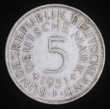 1951-F GERMANY 5 MARK SILVER COIN .2251 ASW